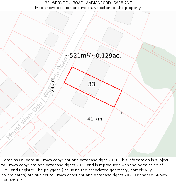 33, WERNDDU ROAD, AMMANFORD, SA18 2NE: Plot and title map