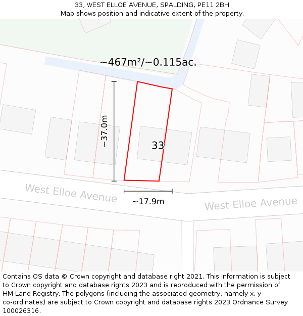 33, WEST ELLOE AVENUE, SPALDING, PE11 2BH: Plot and title map