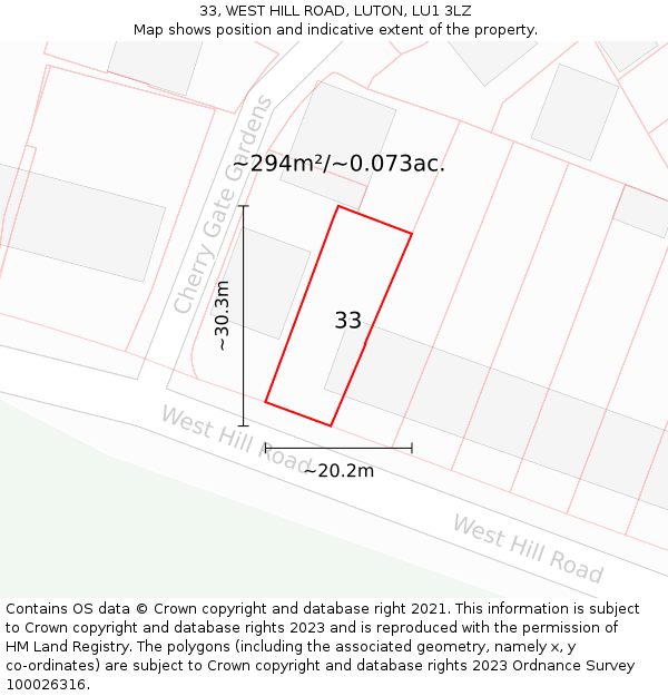 33, WEST HILL ROAD, LUTON, LU1 3LZ: Plot and title map