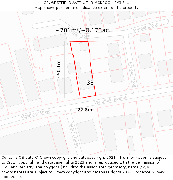33, WESTFIELD AVENUE, BLACKPOOL, FY3 7LU: Plot and title map