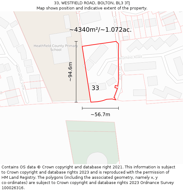 33, WESTFIELD ROAD, BOLTON, BL3 3TJ: Plot and title map