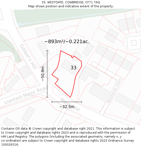 33, WESTGATE, COWBRIDGE, CF71 7AQ: Plot and title map