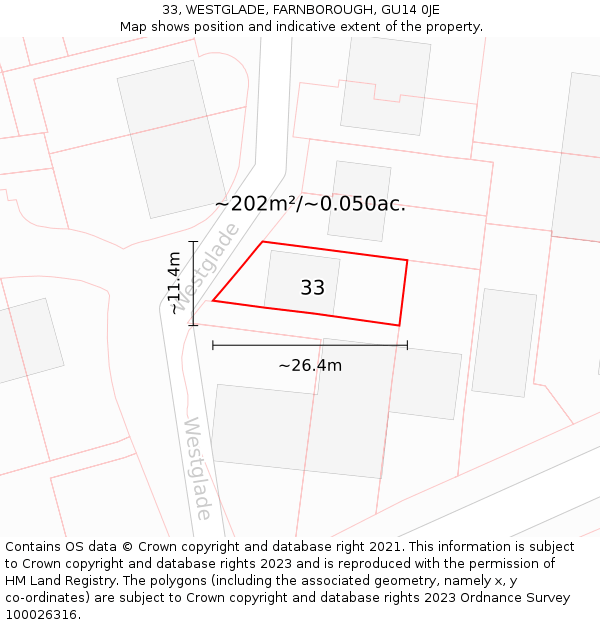 33, WESTGLADE, FARNBOROUGH, GU14 0JE: Plot and title map