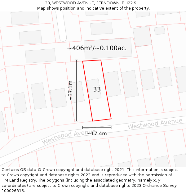 33, WESTWOOD AVENUE, FERNDOWN, BH22 9HL: Plot and title map