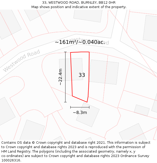 33, WESTWOOD ROAD, BURNLEY, BB12 0HR: Plot and title map