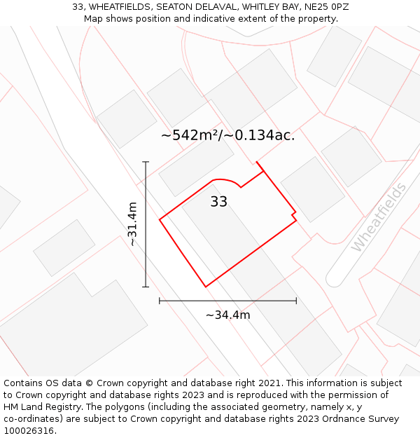 33, WHEATFIELDS, SEATON DELAVAL, WHITLEY BAY, NE25 0PZ: Plot and title map