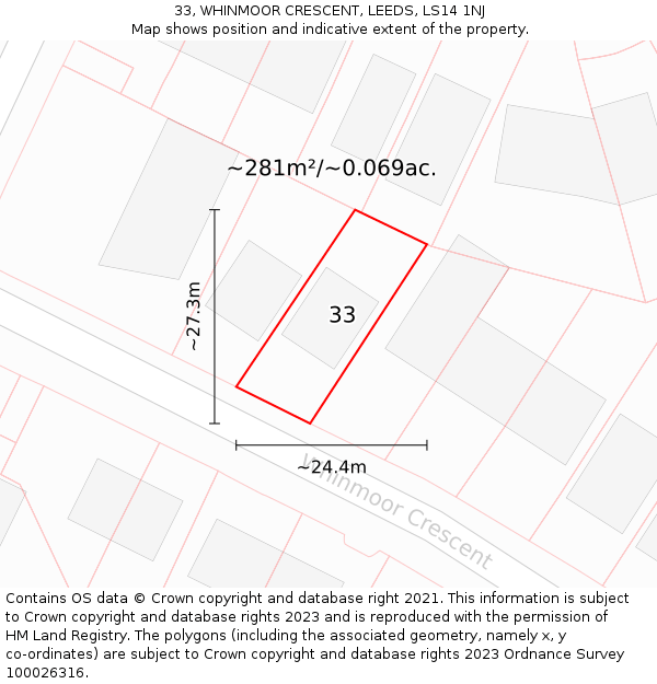 33, WHINMOOR CRESCENT, LEEDS, LS14 1NJ: Plot and title map