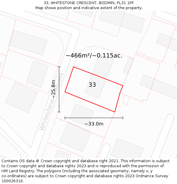 33, WHITESTONE CRESCENT, BODMIN, PL31 1PF: Plot and title map