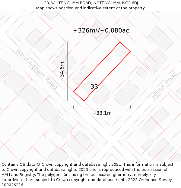 33, WHITTINGHAM ROAD, NOTTINGHAM, NG3 6BJ: Plot and title map