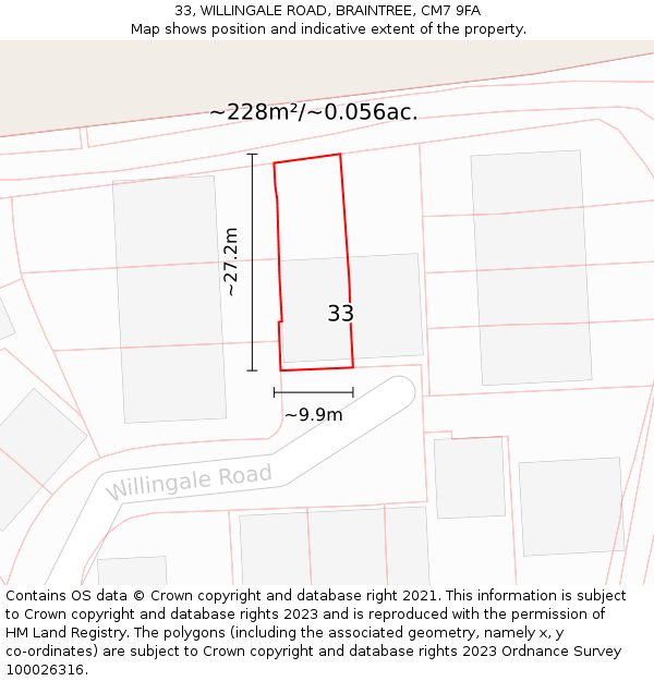 33, WILLINGALE ROAD, BRAINTREE, CM7 9FA: Plot and title map