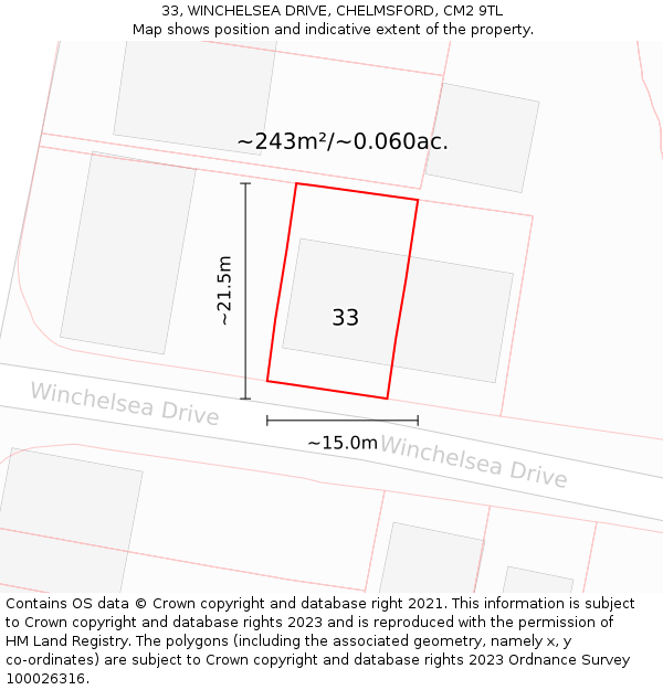 33, WINCHELSEA DRIVE, CHELMSFORD, CM2 9TL: Plot and title map