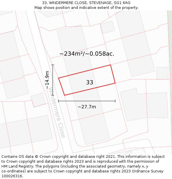 33, WINDERMERE CLOSE, STEVENAGE, SG1 6AG: Plot and title map