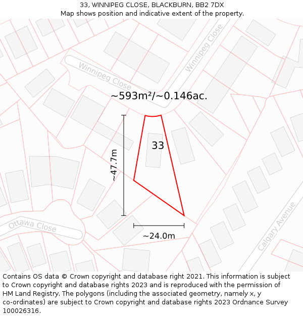 33, WINNIPEG CLOSE, BLACKBURN, BB2 7DX: Plot and title map