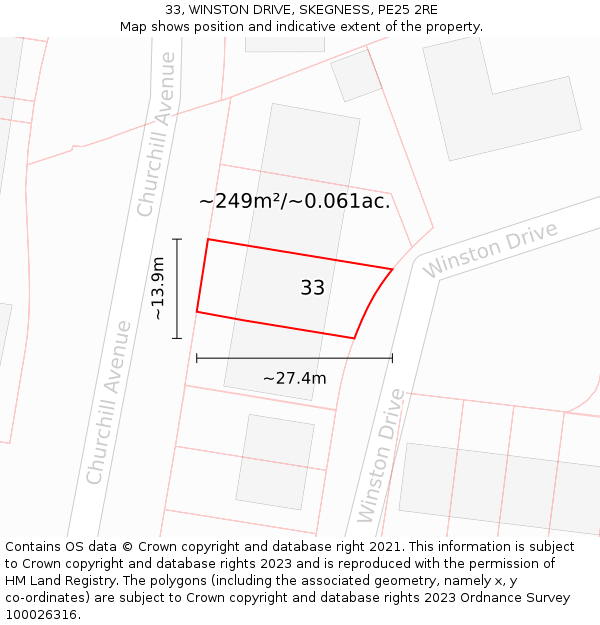 33, WINSTON DRIVE, SKEGNESS, PE25 2RE: Plot and title map