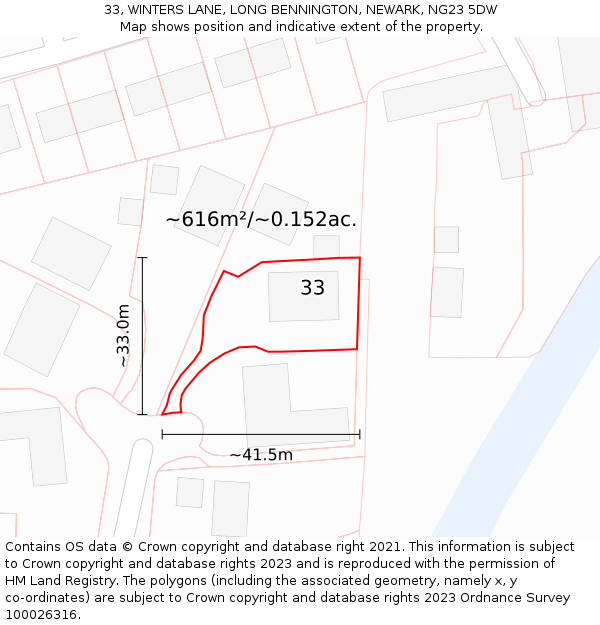 33, WINTERS LANE, LONG BENNINGTON, NEWARK, NG23 5DW: Plot and title map