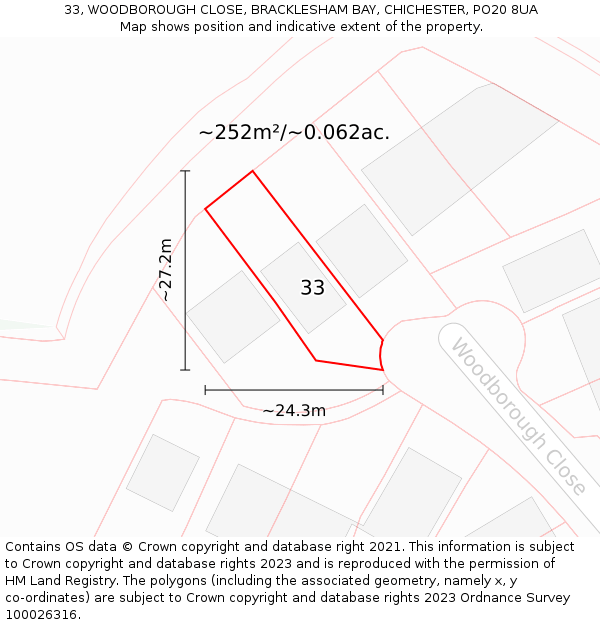 33, WOODBOROUGH CLOSE, BRACKLESHAM BAY, CHICHESTER, PO20 8UA: Plot and title map