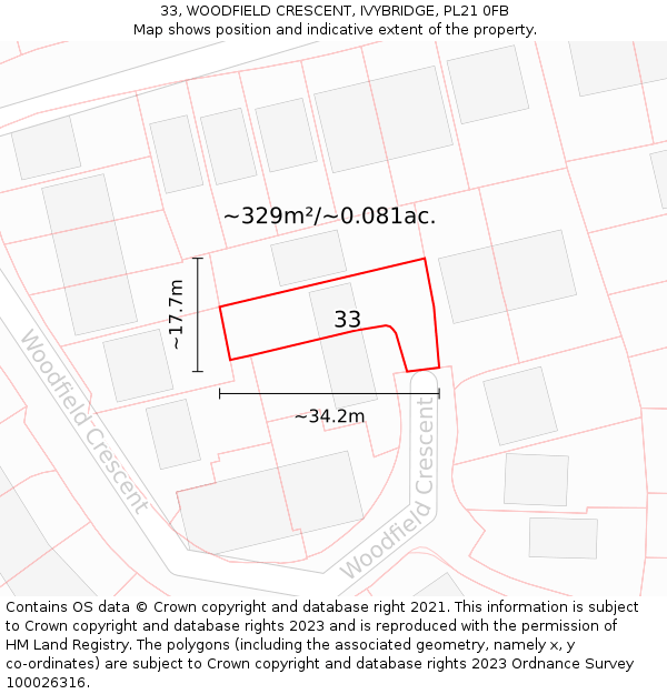 33, WOODFIELD CRESCENT, IVYBRIDGE, PL21 0FB: Plot and title map