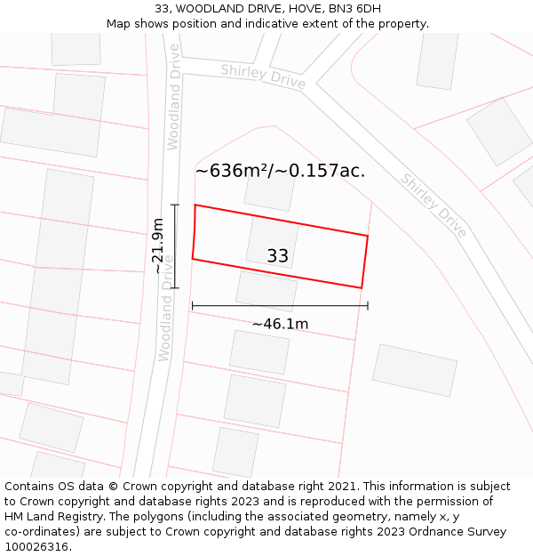 33, WOODLAND DRIVE, HOVE, BN3 6DH: Plot and title map