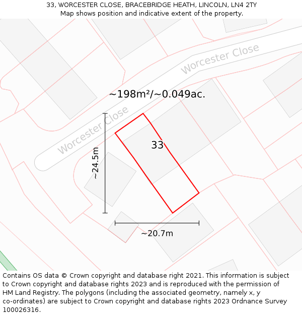 33, WORCESTER CLOSE, BRACEBRIDGE HEATH, LINCOLN, LN4 2TY: Plot and title map