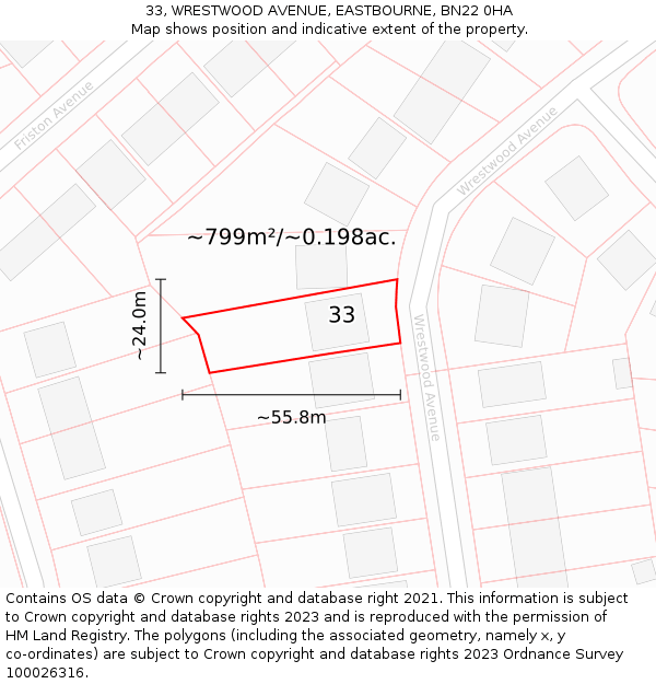 33, WRESTWOOD AVENUE, EASTBOURNE, BN22 0HA: Plot and title map