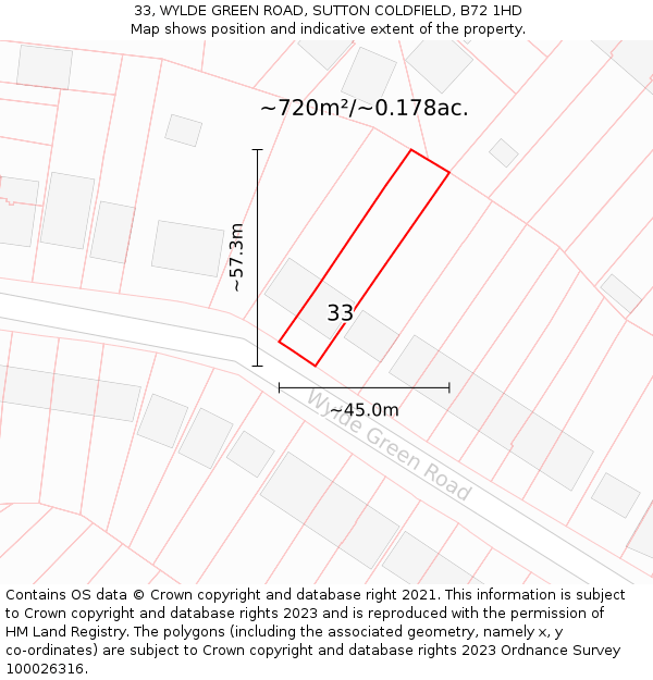 33, WYLDE GREEN ROAD, SUTTON COLDFIELD, B72 1HD: Plot and title map