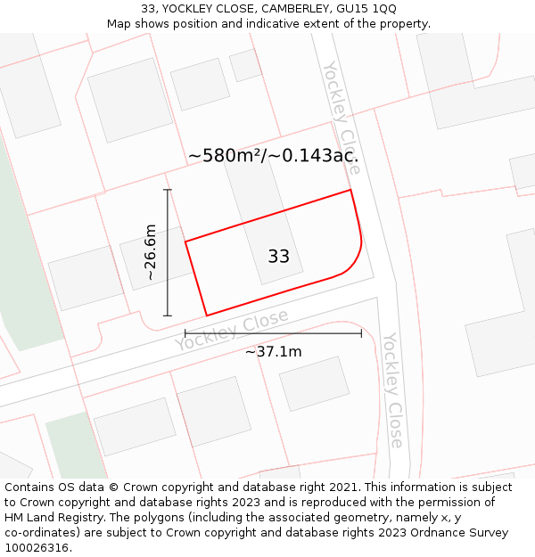 33, YOCKLEY CLOSE, CAMBERLEY, GU15 1QQ: Plot and title map