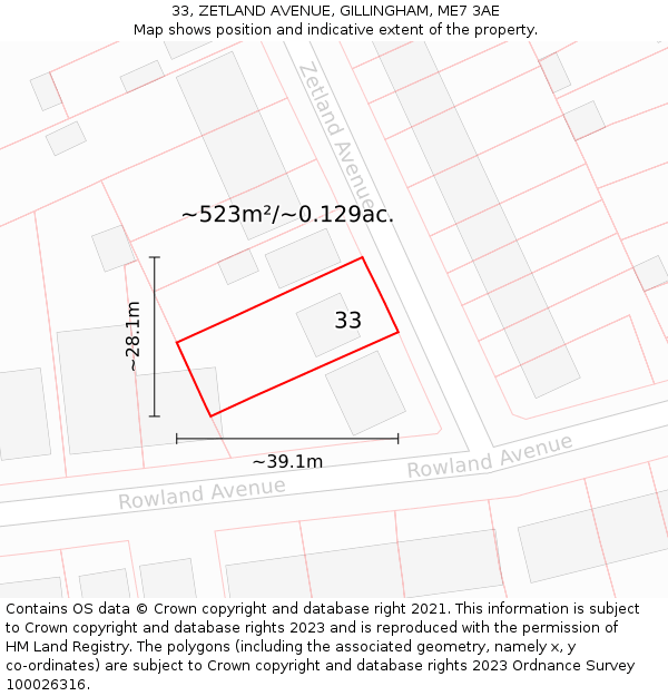 33, ZETLAND AVENUE, GILLINGHAM, ME7 3AE: Plot and title map