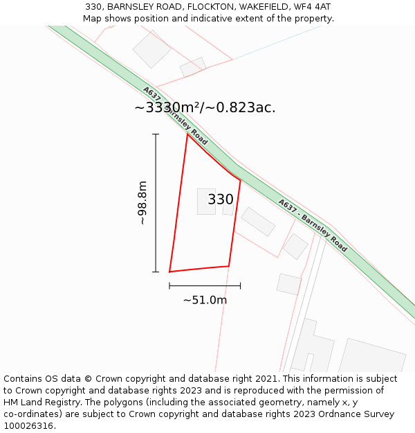 330, BARNSLEY ROAD, FLOCKTON, WAKEFIELD, WF4 4AT: Plot and title map