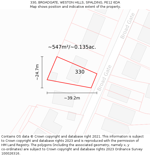 330, BROADGATE, WESTON HILLS, SPALDING, PE12 6DA: Plot and title map