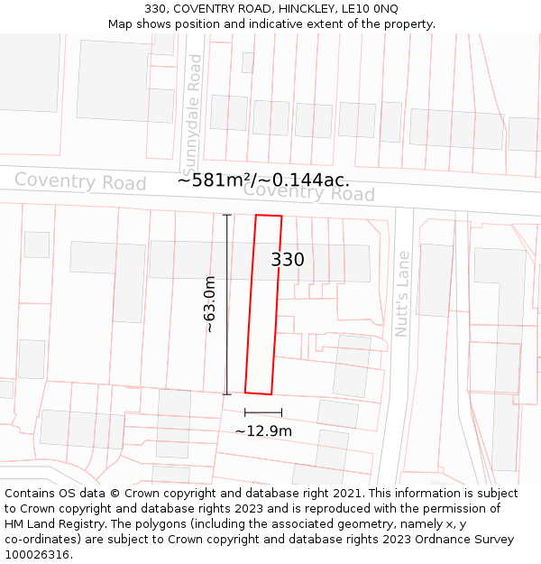 330, COVENTRY ROAD, HINCKLEY, LE10 0NQ: Plot and title map