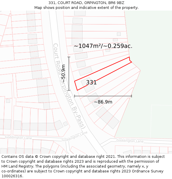 331, COURT ROAD, ORPINGTON, BR6 9BZ: Plot and title map
