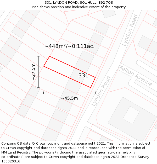 331, LYNDON ROAD, SOLIHULL, B92 7QS: Plot and title map