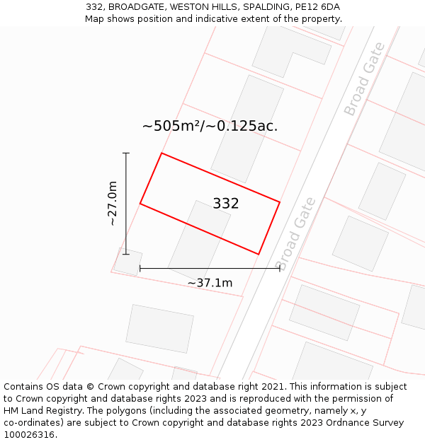 332, BROADGATE, WESTON HILLS, SPALDING, PE12 6DA: Plot and title map