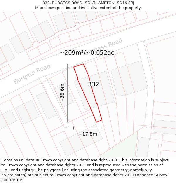 332, BURGESS ROAD, SOUTHAMPTON, SO16 3BJ: Plot and title map