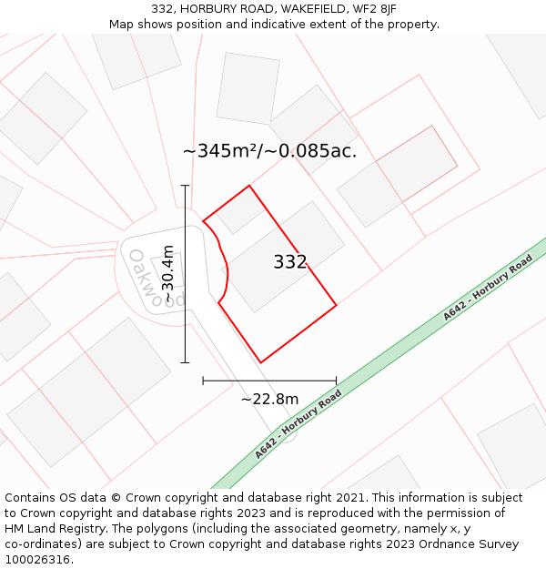 332, HORBURY ROAD, WAKEFIELD, WF2 8JF: Plot and title map