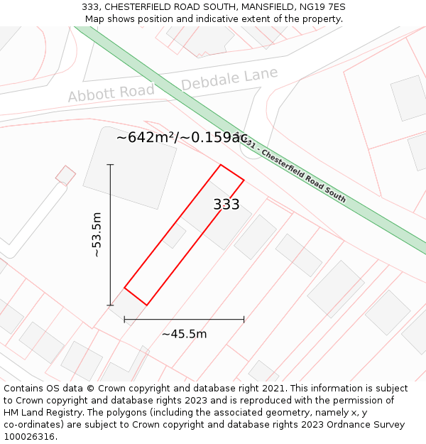 333, CHESTERFIELD ROAD SOUTH, MANSFIELD, NG19 7ES: Plot and title map