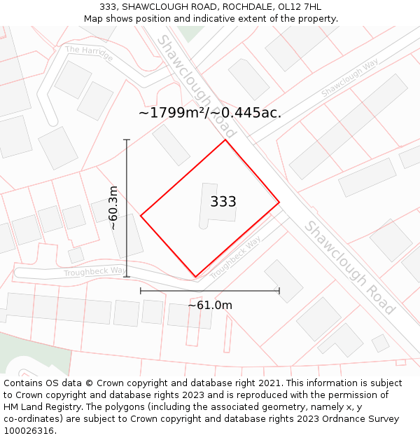 333, SHAWCLOUGH ROAD, ROCHDALE, OL12 7HL: Plot and title map