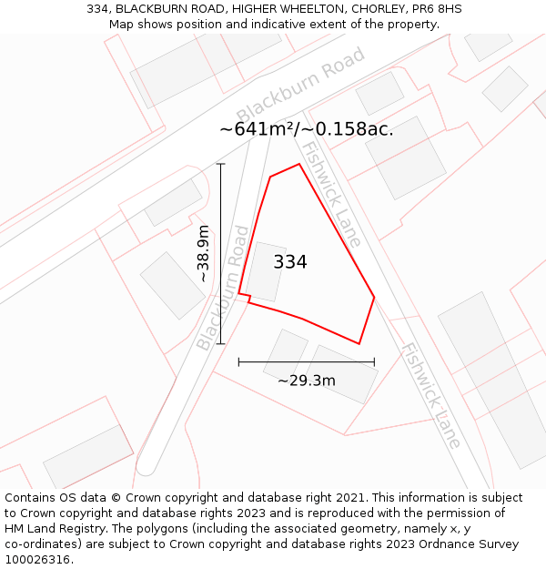 334, BLACKBURN ROAD, HIGHER WHEELTON, CHORLEY, PR6 8HS: Plot and title map