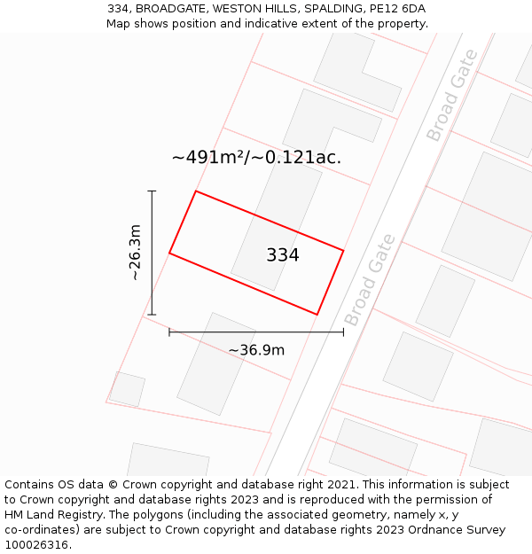 334, BROADGATE, WESTON HILLS, SPALDING, PE12 6DA: Plot and title map