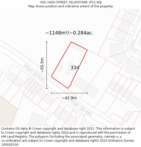 334, HIGH STREET, FELIXSTOWE, IP11 9QJ: Plot and title map