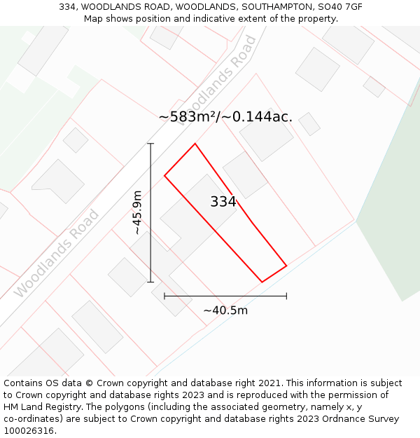 334, WOODLANDS ROAD, WOODLANDS, SOUTHAMPTON, SO40 7GF: Plot and title map