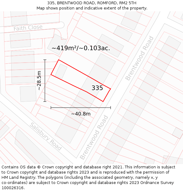 335, BRENTWOOD ROAD, ROMFORD, RM2 5TH: Plot and title map
