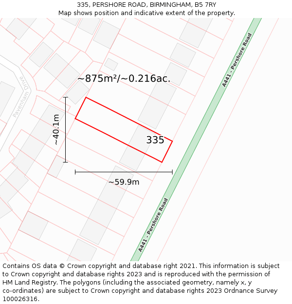 335, PERSHORE ROAD, BIRMINGHAM, B5 7RY: Plot and title map