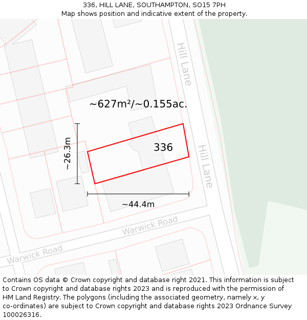 336, HILL LANE, SOUTHAMPTON, SO15 7PH: Plot and title map