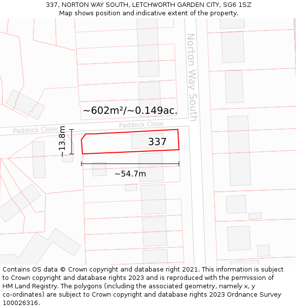 337, NORTON WAY SOUTH, LETCHWORTH GARDEN CITY, SG6 1SZ: Plot and title map