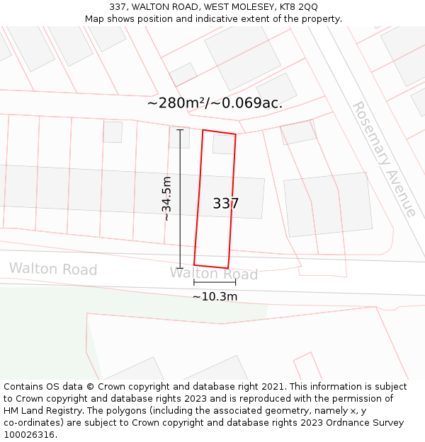 337, WALTON ROAD, WEST MOLESEY, KT8 2QQ: Plot and title map