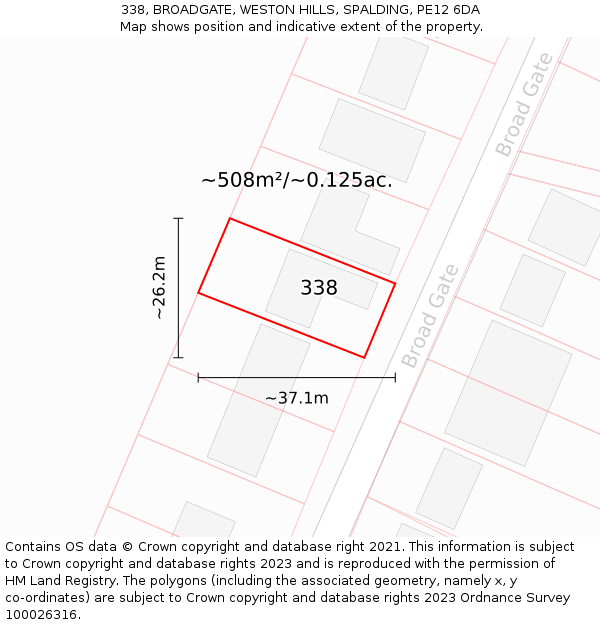 338, BROADGATE, WESTON HILLS, SPALDING, PE12 6DA: Plot and title map