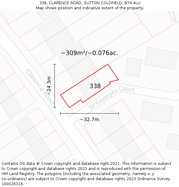 338, CLARENCE ROAD, SUTTON COLDFIELD, B74 4LU: Plot and title map