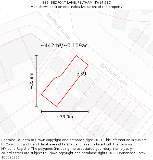 339, BEDFONT LANE, FELTHAM, TW14 9SD: Plot and title map