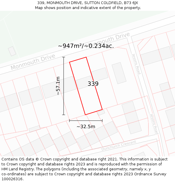 339, MONMOUTH DRIVE, SUTTON COLDFIELD, B73 6JX: Plot and title map